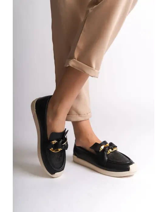 Omarı Çiçek Desenli Rahat Tabaan Siyah Babet Ayakkabı