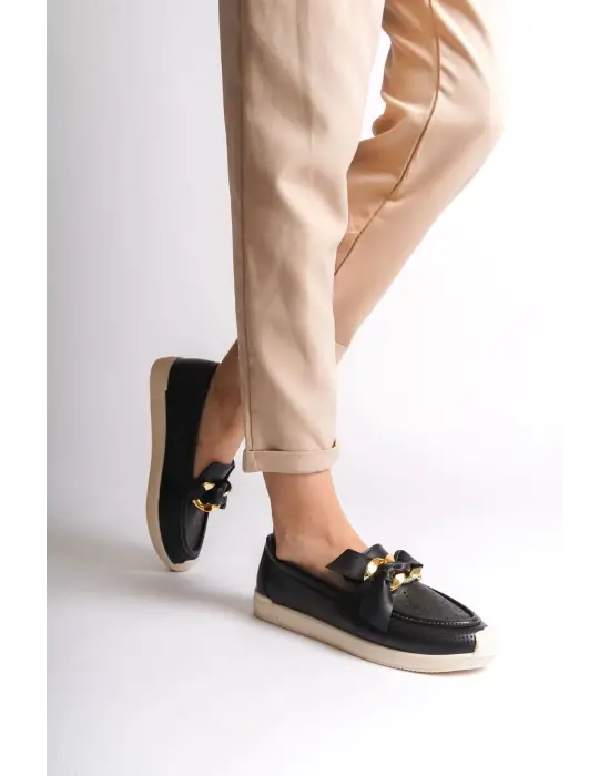 Omarı Çiçek Desenli Rahat Tabaan Siyah Babet Ayakkabı