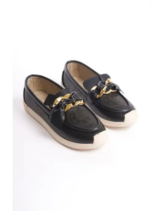 Omarı Çiçek Desenli Rahat Tabaan Siyah Babet Ayakkabı