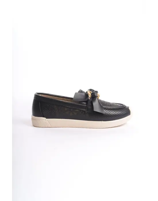 Omarı Çiçek Desenli Rahat Tabaan Siyah Babet Ayakkabı