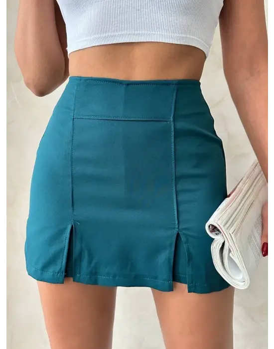 Omarı Petrol Yeşili Çift Yırtmaçlı Atlas Şort Etek