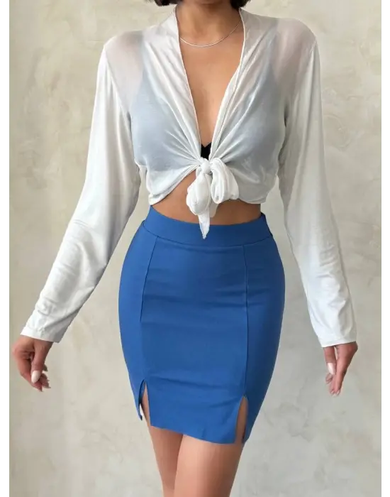 Omarı Çift Yırtmaçlı İndigo Etek