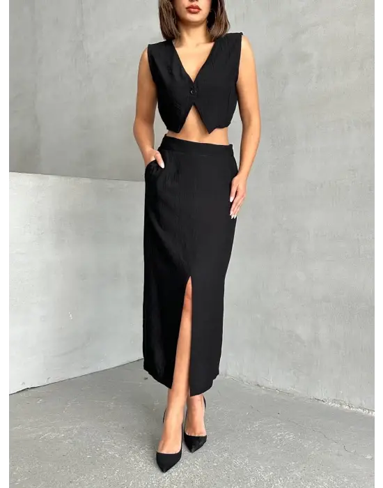 Omarı Çilek Desenli Sevimli Çocuk Etek Yelek Takımı