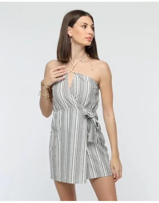 Omarı Keten Elbise - Kuşaklı Çizgili Mini Elbise