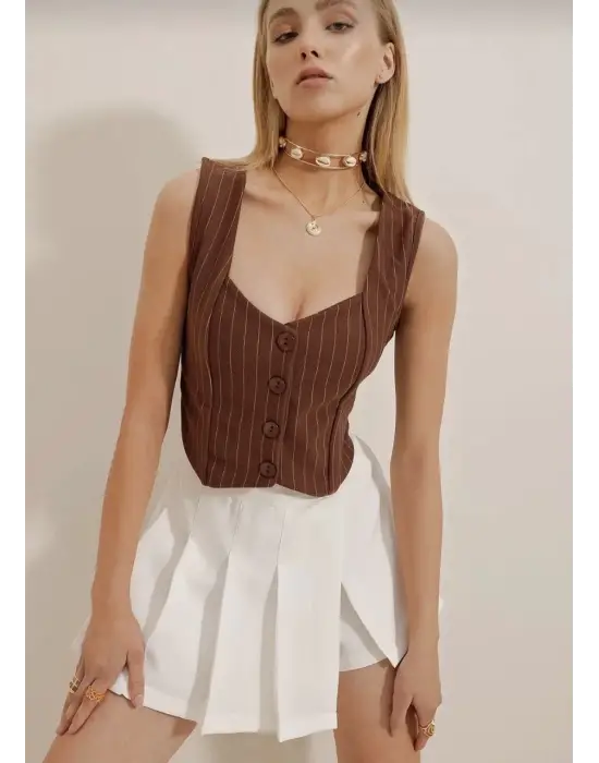Omarı Çizgili Krep Düğmeli Kahve Yelek | Trend Şıklık S3395