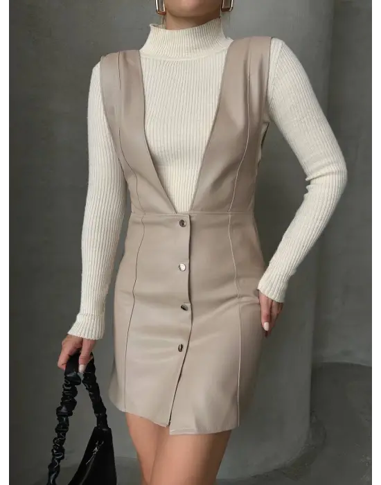 Omarı Deri Jile Elbise Bej, Şık ve Trendy Stil için Ideal Seçim