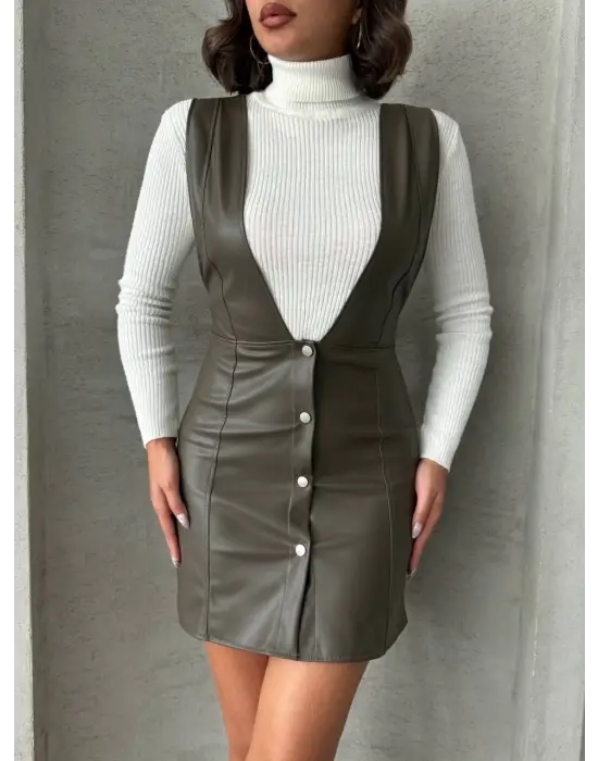 Omarı Zarif Deri Jile Elbise Haki