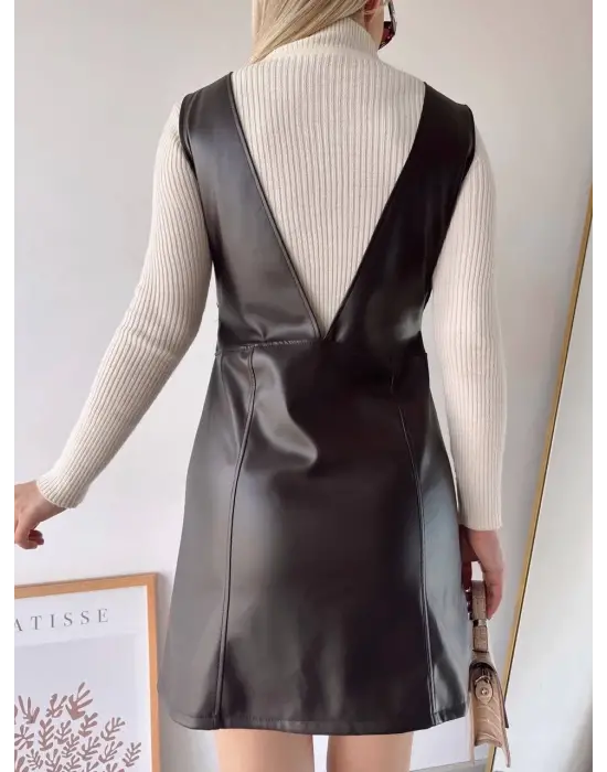 Omarı Eğlenceli ve Şık Kahve Deri Jile Elbise