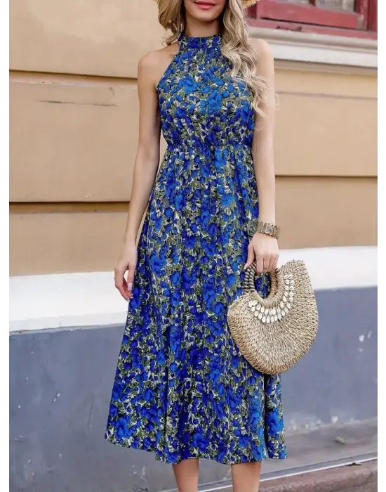 Omarı Desenli Maxi Uzun Elbise