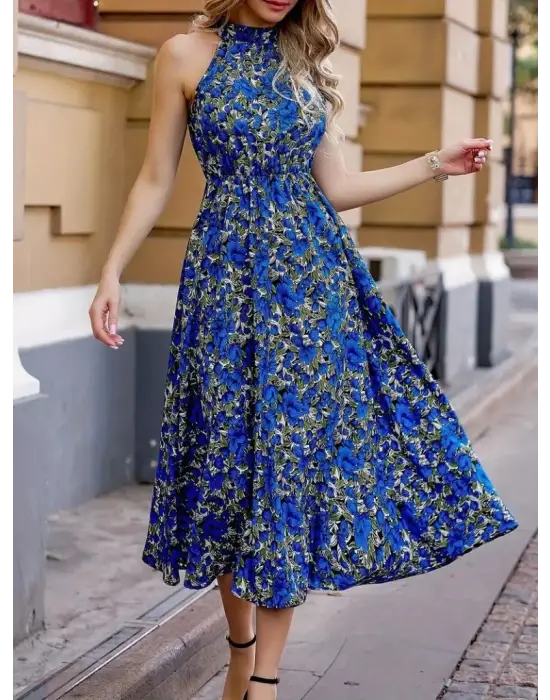 Omarı Desenli Maxi Uzun Elbise