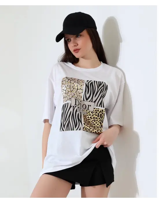 Omarı Şık Desenli Oversize Tişört