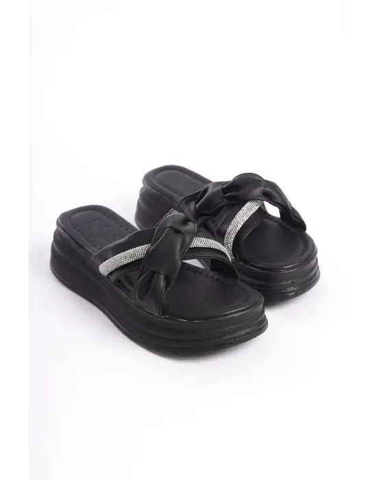 Omarı Düz Topuklu Taşlı Kalın Tabanlı Bayan Terlik - Siyah