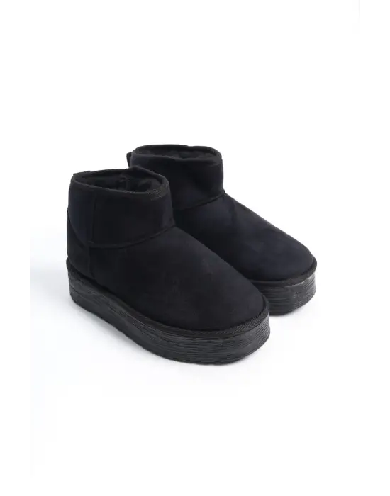 Omarı Siyah Kürklü Düz Taban Suede Bayan Bot - Günlük Şık Stil