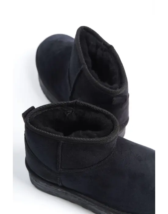 Omarı Siyah Kürklü Düz Taban Suede Bayan Bot - Günlük Şık Stil