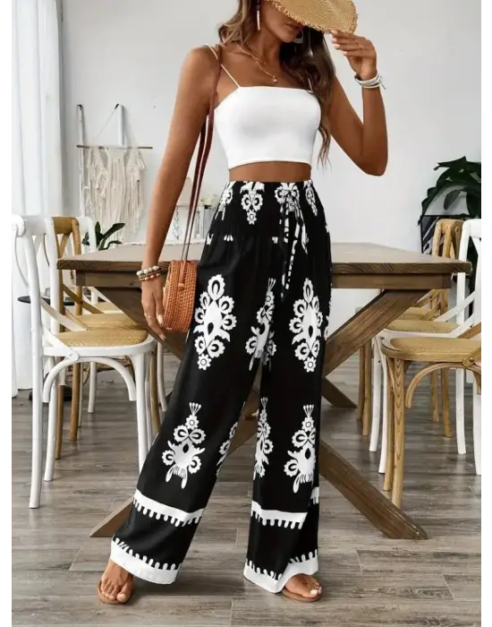 Omarı Etnik Desen Baskılı Yüksek Bel Pantolon