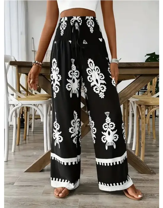 Omarı Etnik Desen Baskılı Yüksek Bel Pantolon