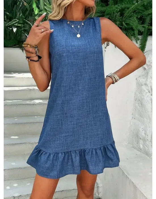 Omarı Fırfırlı Kadın Kolsuz Yaka Elbise