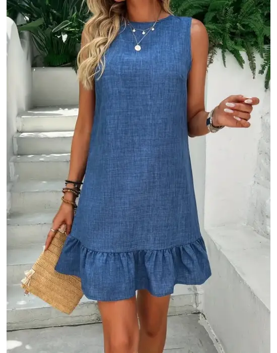 Omarı Fırfırlı Kadın Kolsuz Yaka Elbise