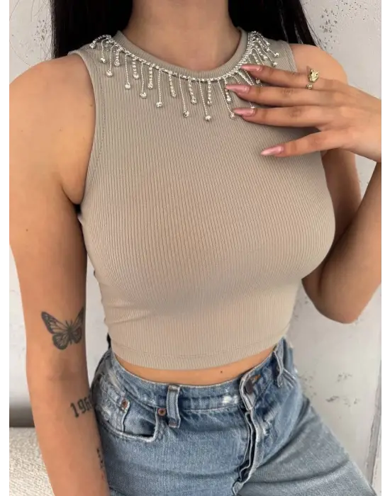 Omarı Vizon Rengi Fitilli Kaşkorse Atlet - Zincir Detaylı