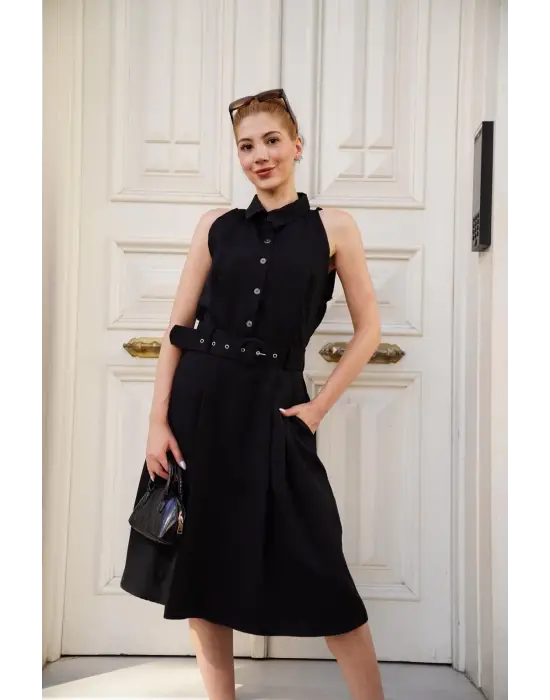 Omarı Şık Siyah Kemer Detaylı Elbise