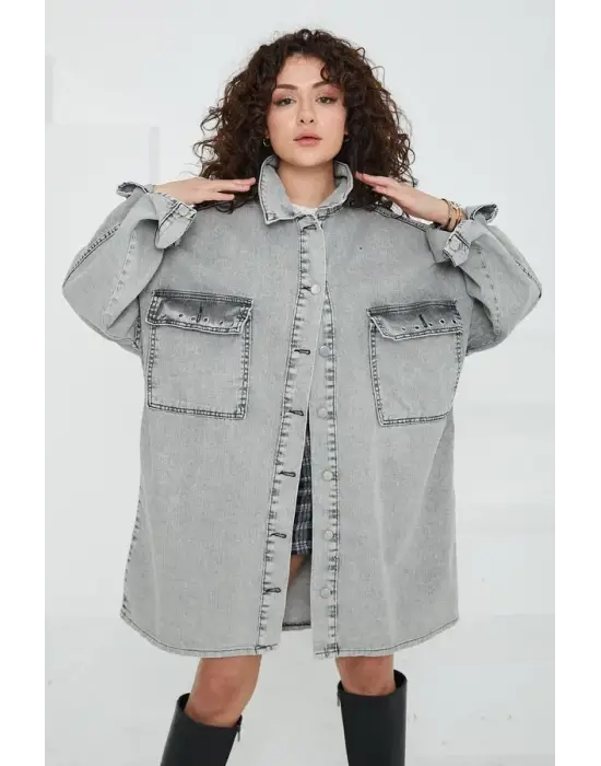 Omarı Gri Kuş Gözü Detaylı Kadın Kot Ceket