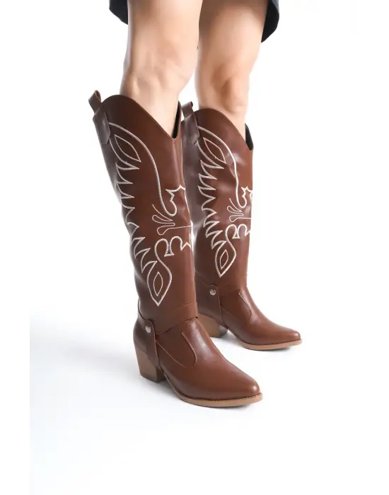 Omarı Taba Renkli Topuklu Çizme