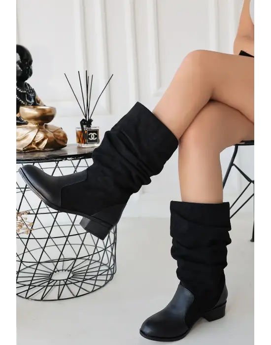 Omarı Siyah Cilt Süet Detaylı Çizme