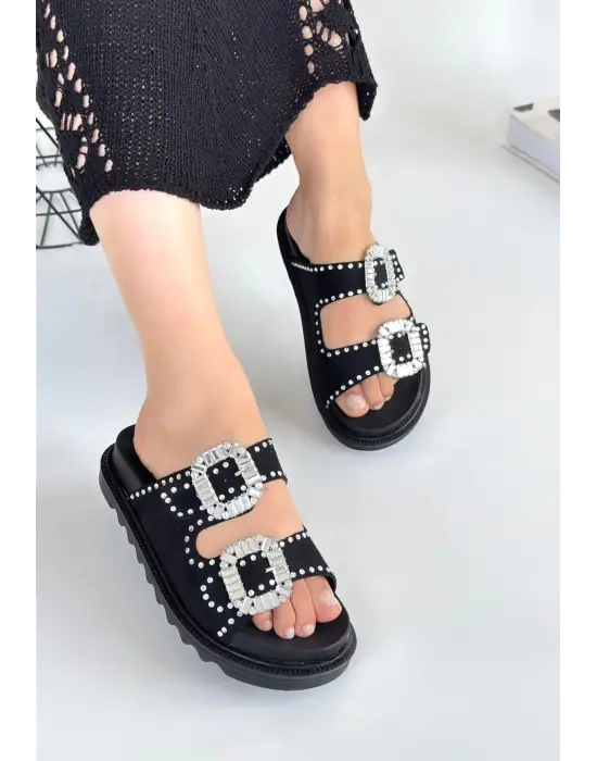 Omarı Siyah Nubuk Taşlı Terlik