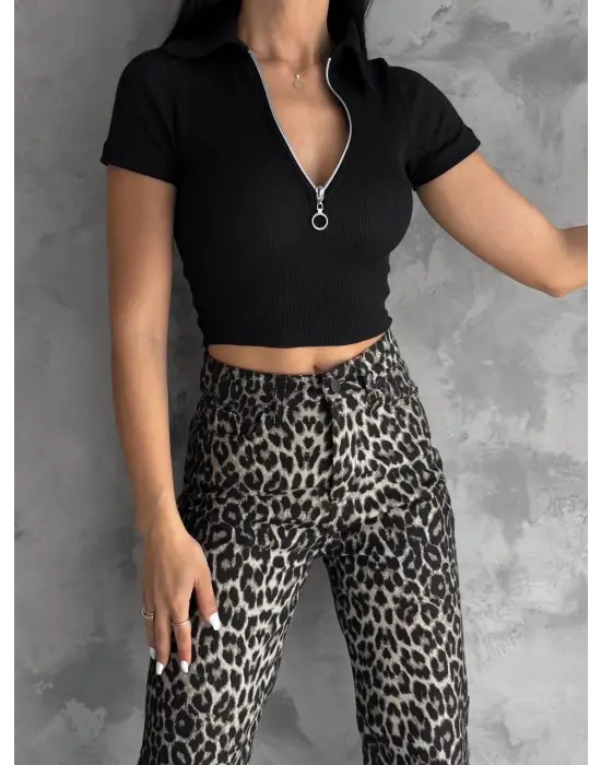 Omarı Siyah Fermuarlı Kaşkorse Yaka Bluz