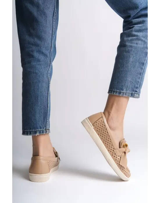 Omarı Kalp Desenli Rahat Taban Bayan Babet Ayakkabı - Ten