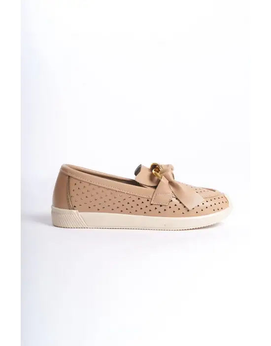 Omarı Kalp Desenli Rahat Taban Bayan Babet Ayakkabı - Ten