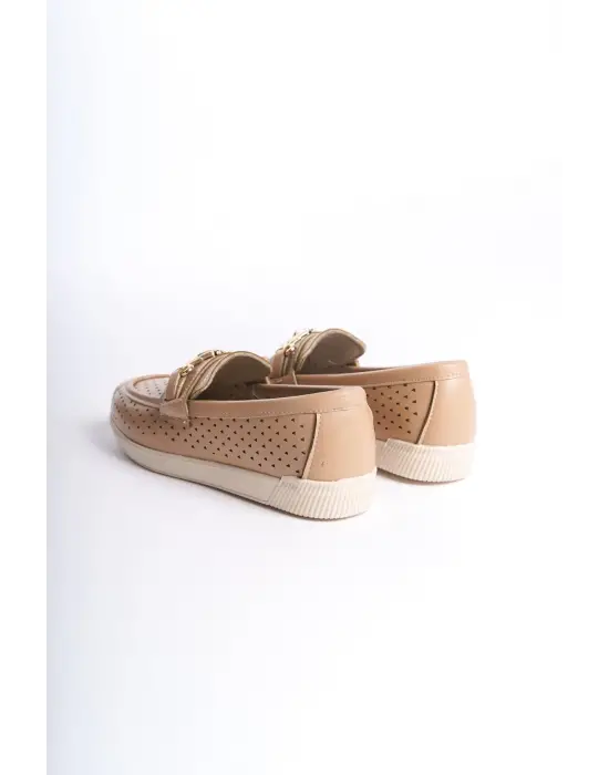 Omarı Rahat Tabanlı Kalp Desenli Bayan Babet Ayakkabı - Ten