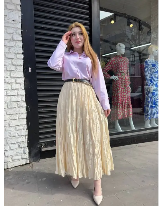 Omarı Deri Detaylı Krem Rengi Etek