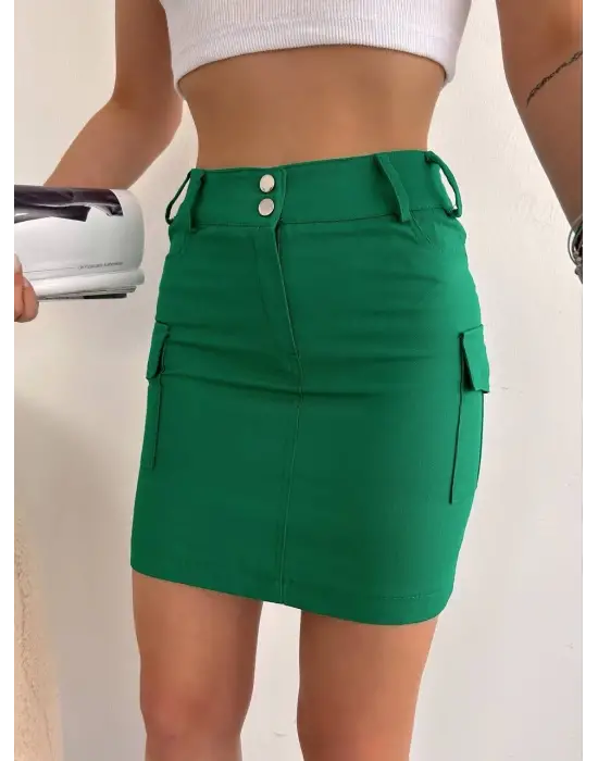 Omarı Yeşil Körüklü Cep Detaylı Etek