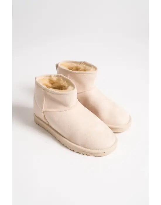 Omarı İçi Kürklü Tabaan Süet Bayan Bot - Krem