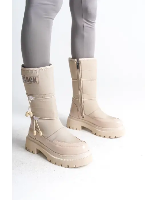 Omarı Fermuarlı Paraşüt Kumaş Rugan Bayan Bot - Kısa Topuk, Krem