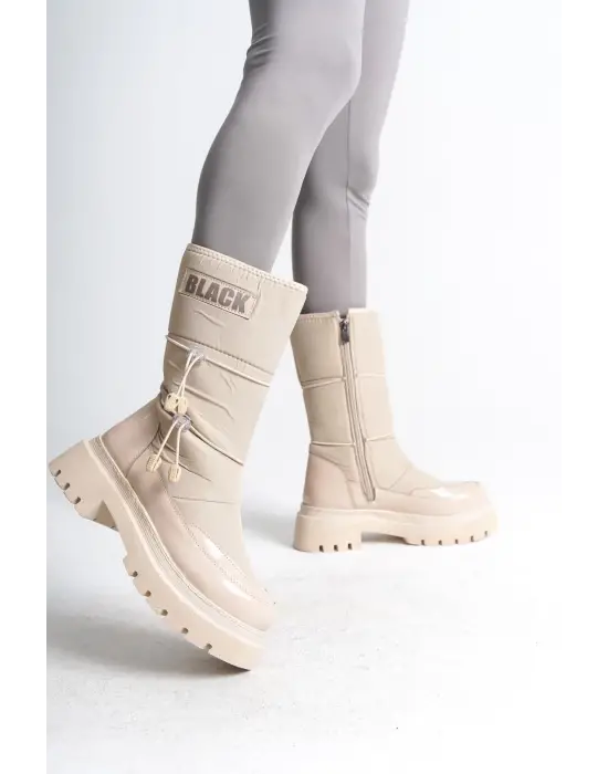 Omarı Fermuarlı Paraşüt Kumaş Rugan Bayan Bot - Kısa Topuk, Krem