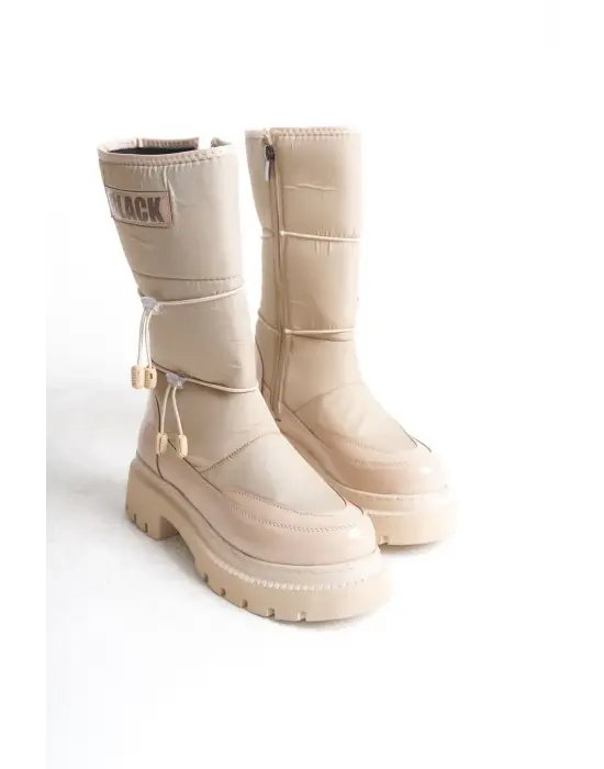 Omarı Fermuarlı Paraşüt Kumaş Rugan Bayan Bot - Kısa Topuk, Krem