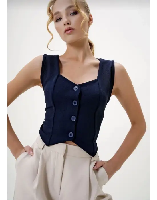 Omarı Lacivert Krep Kumaş Düğmeli Yelek