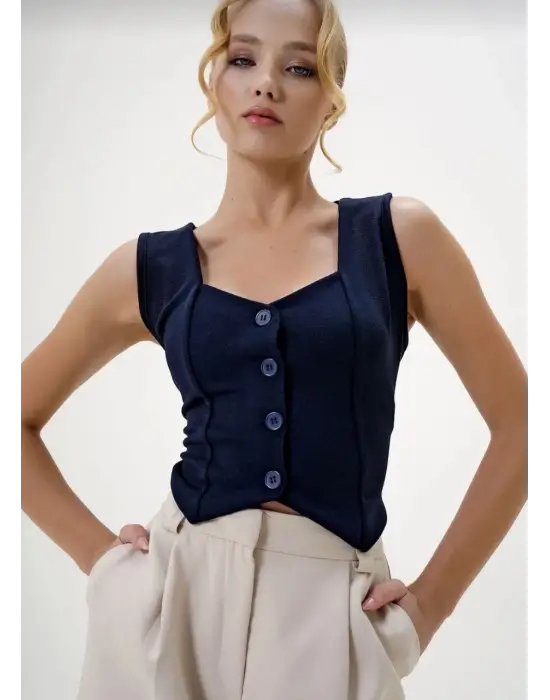 Omarı Lacivert Krep Kumaş Düğmeli Yelek