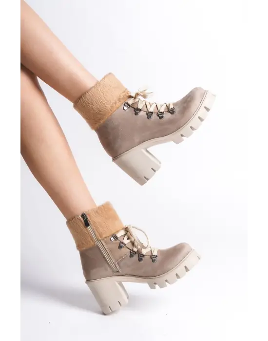 Omarı Rahat Tabanlı Kürk Detaylı Süet Bayan Bot - Tabaan Topuklu Şık Tasarım