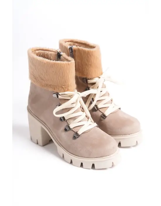 Omarı Rahat Tabanlı Kürk Detaylı Süet Bayan Bot - Tabaan Topuklu Şık Tasarım