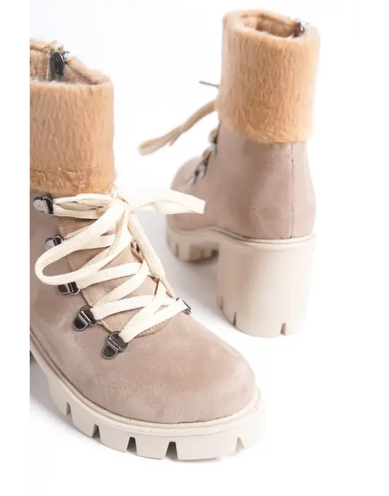 Omarı Rahat Tabanlı Kürk Detaylı Süet Bayan Bot - Tabaan Topuklu Şık Tasarım