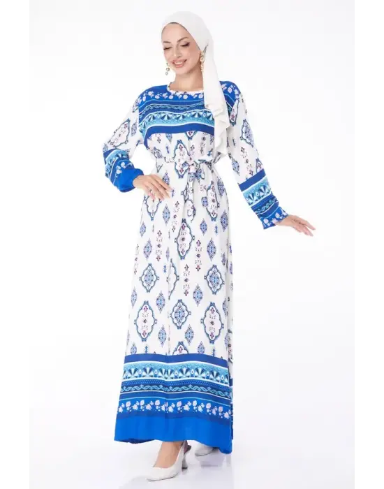 Omarı Mavi Etnik Desenli Elbise