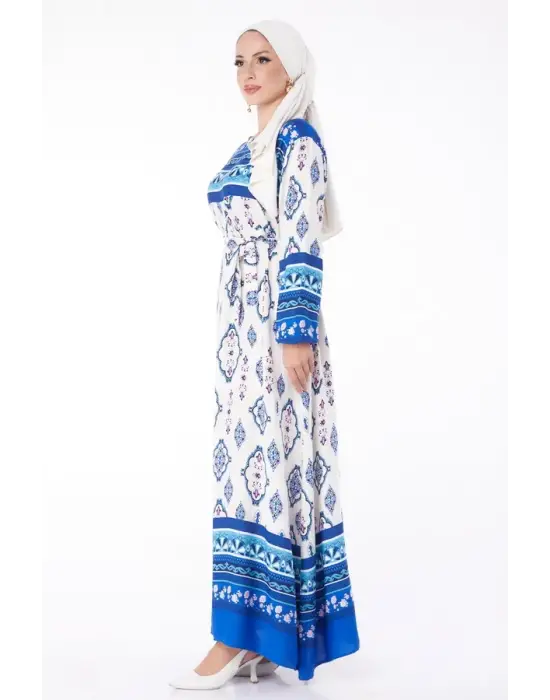 Omarı Mavi Etnik Desenli Elbise