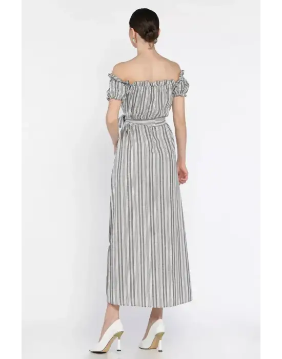 Omarı Midi Yırtmaçlı Keten Elbise