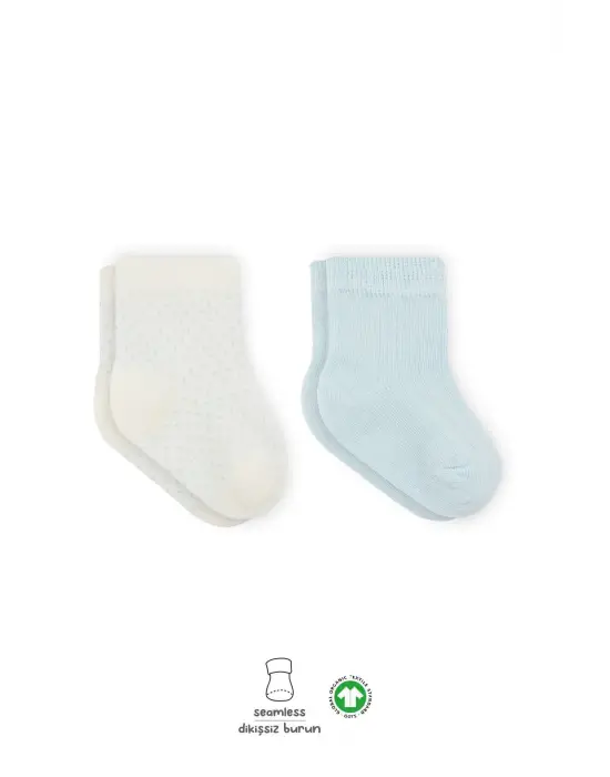 Omarı Organik Penye Soket Çorap 2li Set - Mavi Ekru