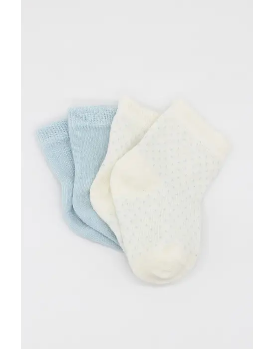 Omarı Organik Penye Soket Çorap 2li Set - Mavi Ekru