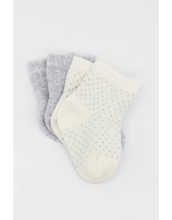Omarı Organik Puan Desenli 2li Penye Soket Çorap - Gri Ekru