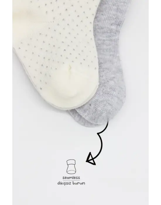 Omarı Organik Puan Desenli 2li Penye Soket Çorap - Gri Ekru